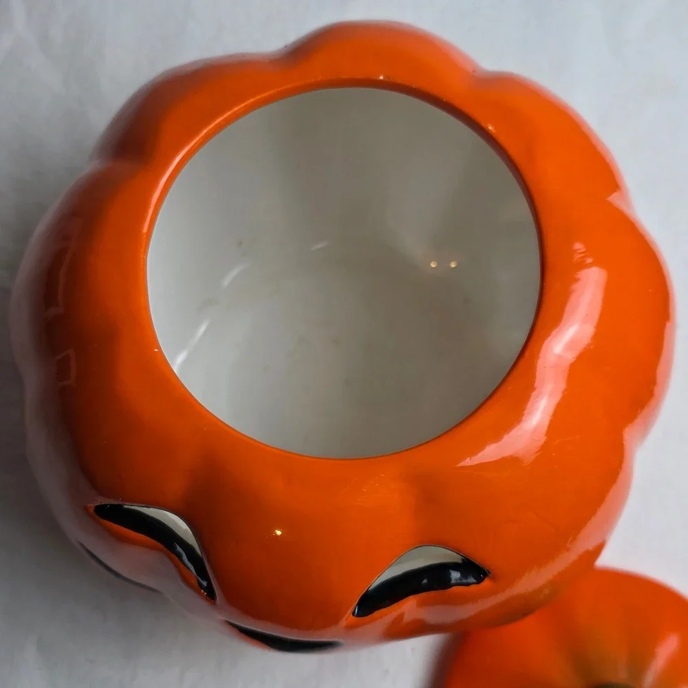 Halloween Jack-O-Lantern Ceramic Pumpkin Jar Lid Orange Glossy Whimsical Fall